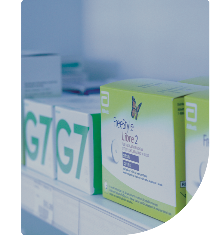A product photo of Libre blood glucose check strips in a box on a shelf