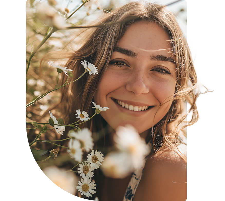 A smiling woman with daisies surrounding her