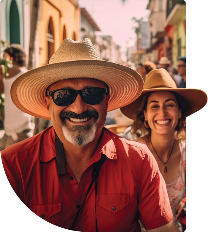 travelling couple smiling